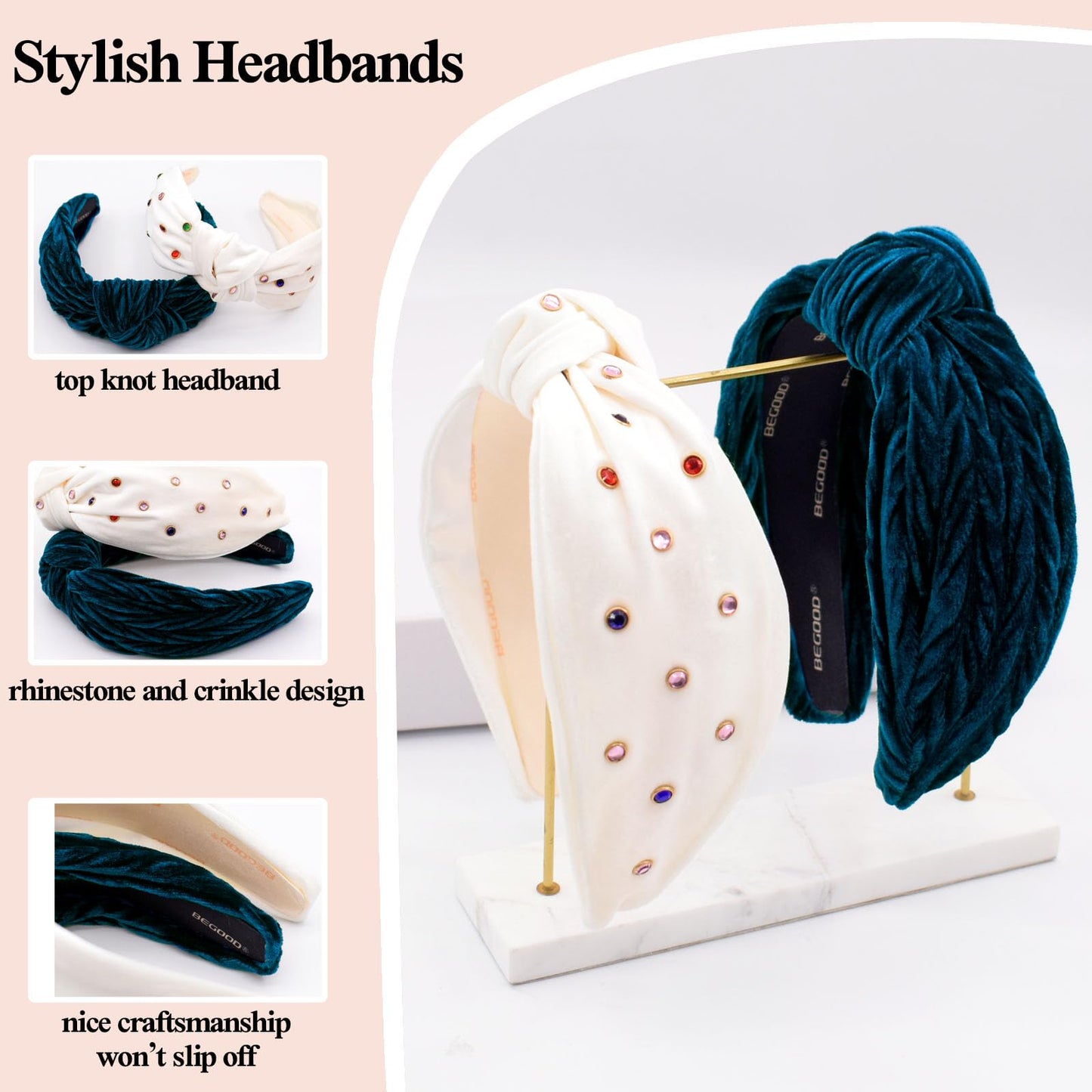 BEGOOD Headbands for Women Rhinestone Knotted Wide Headband Womens Top Knot Head Bands Fashion Hairbands Turban Hair Accessories for Girls 2Pcs