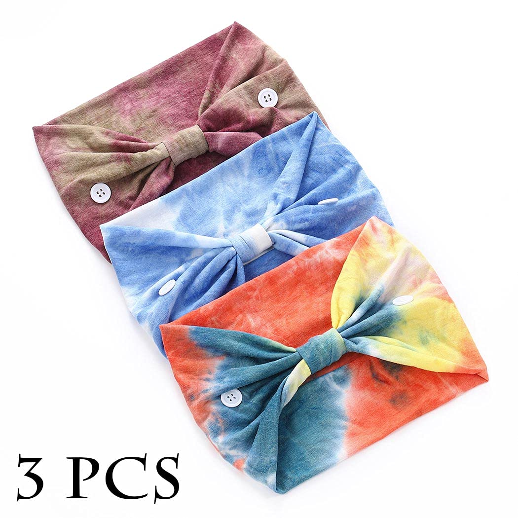 Aceorna Boho Button Headband Wide Knotted Hairbands Stretch Nurse Headbands Women Head Wraps Workout Ear Saver Hair Band Leopard Turban Headwear Yoga Hair Accessories for Women 3 Pcs (Set G)