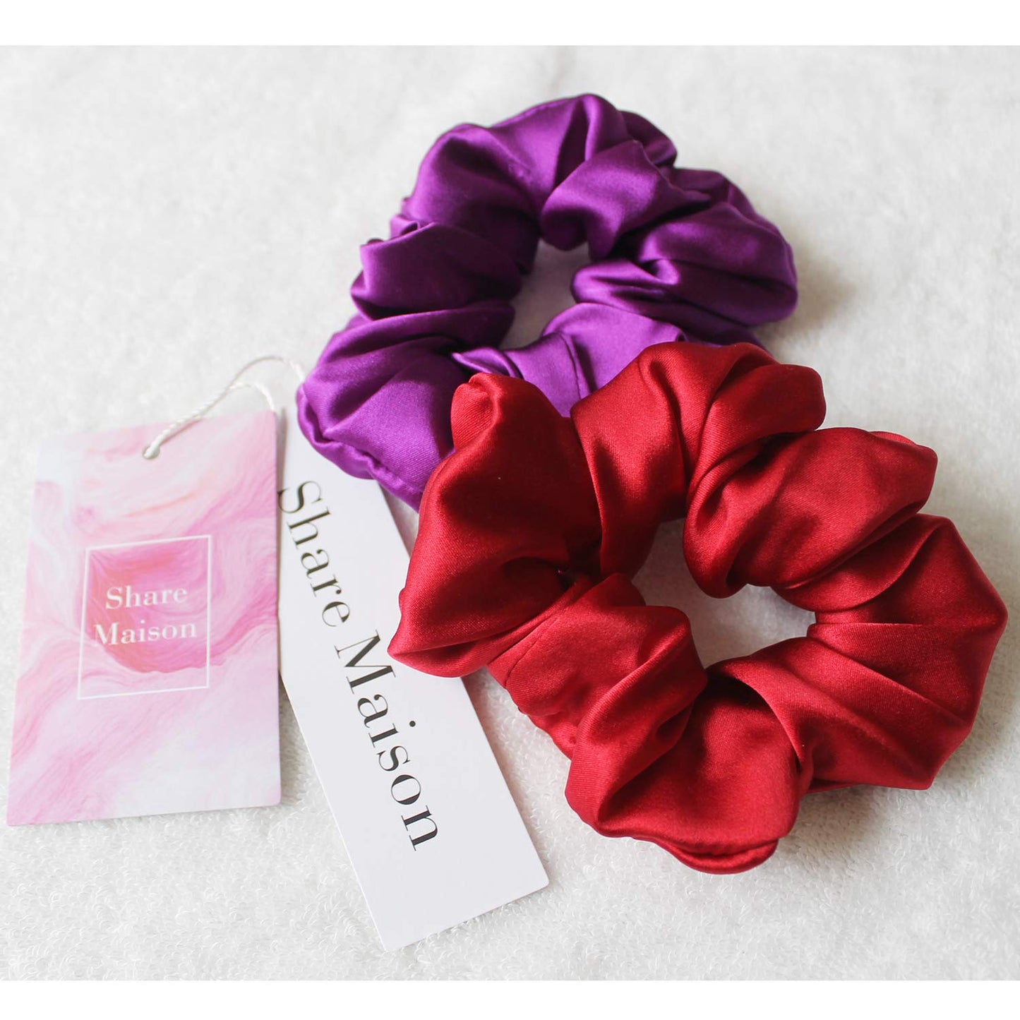 Real Natural Mulberry Silk Scrunchies Hair Elastics Hair Band Hair Ties Hair Holder for Women Girls (A-dark purple+dark red)