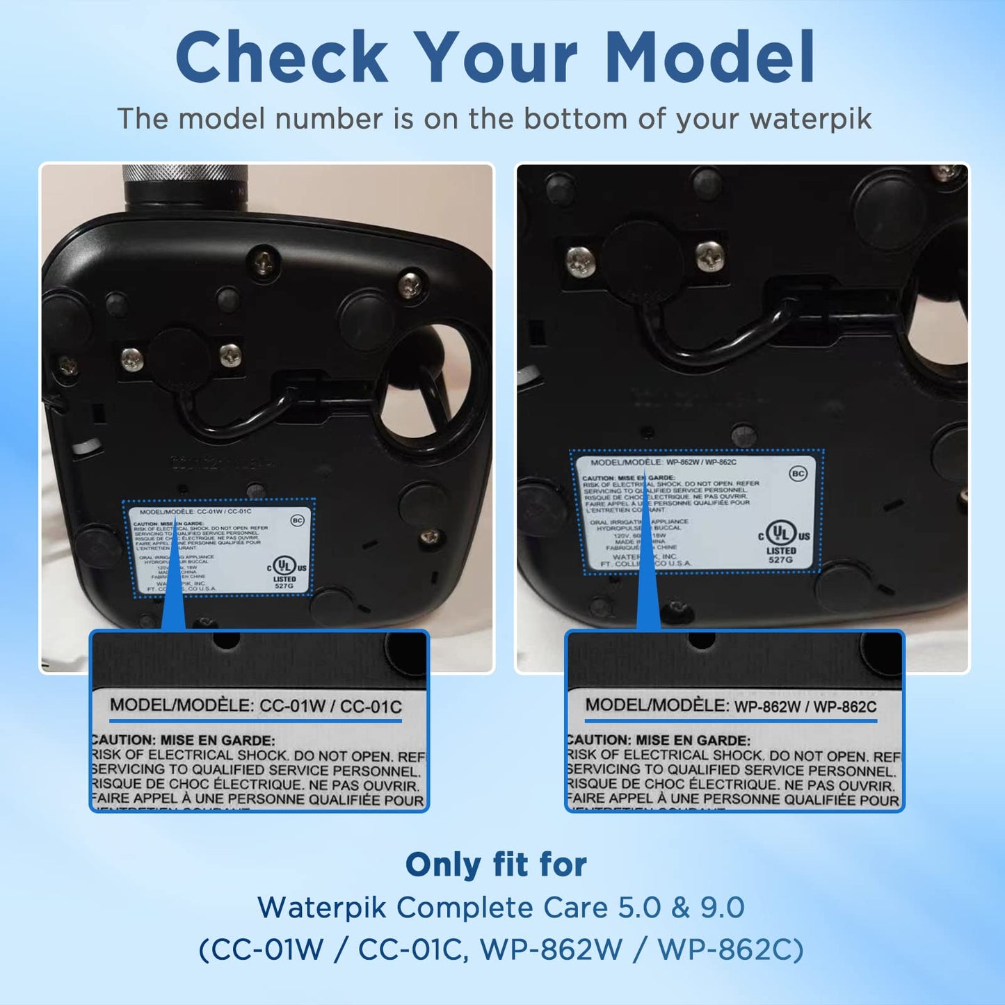 Replacement Toothbrush Heads for Waterpik Complete Care 5.0/9.0 (CC-01/WP-862), with Covers, 10 Count, Black