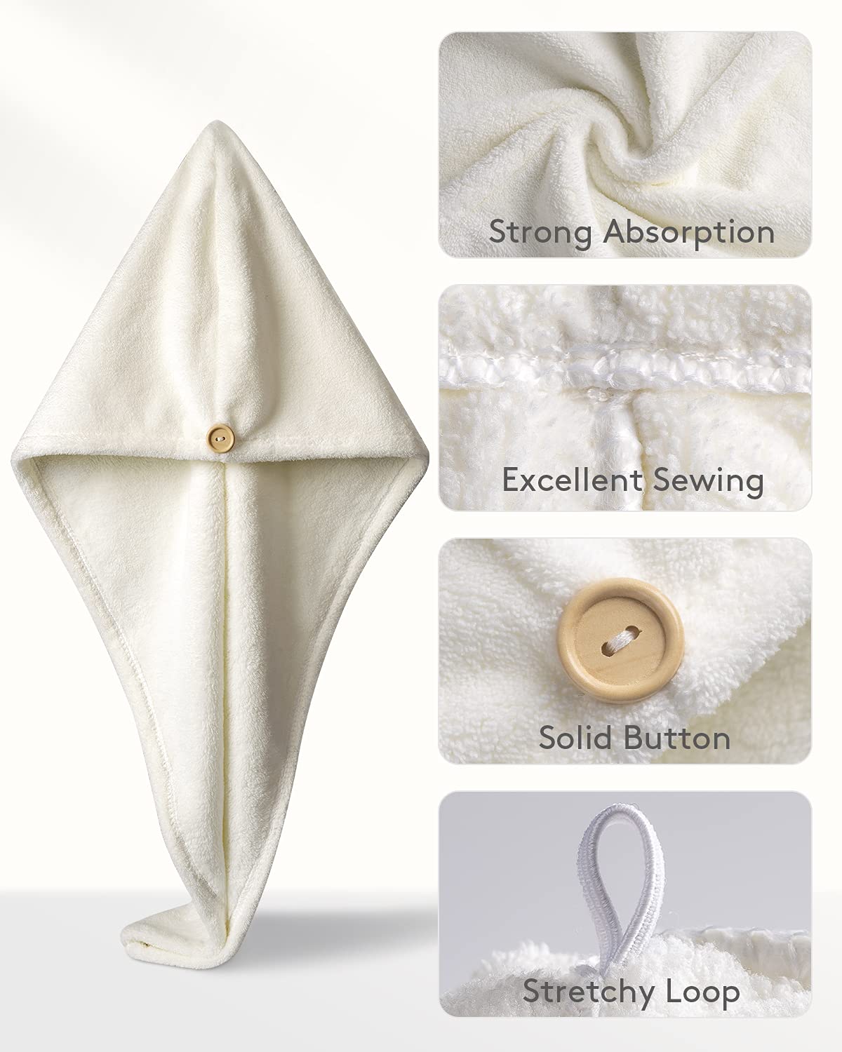 YFONG Microfiber Hair Towel 3 Pack, Hair Towel with Button, Super Absorbent Hair Towel Wrap for Curly Hair, Fast Drying Hair Turban Towel for Women, Anti Frizz Microfiber Towel