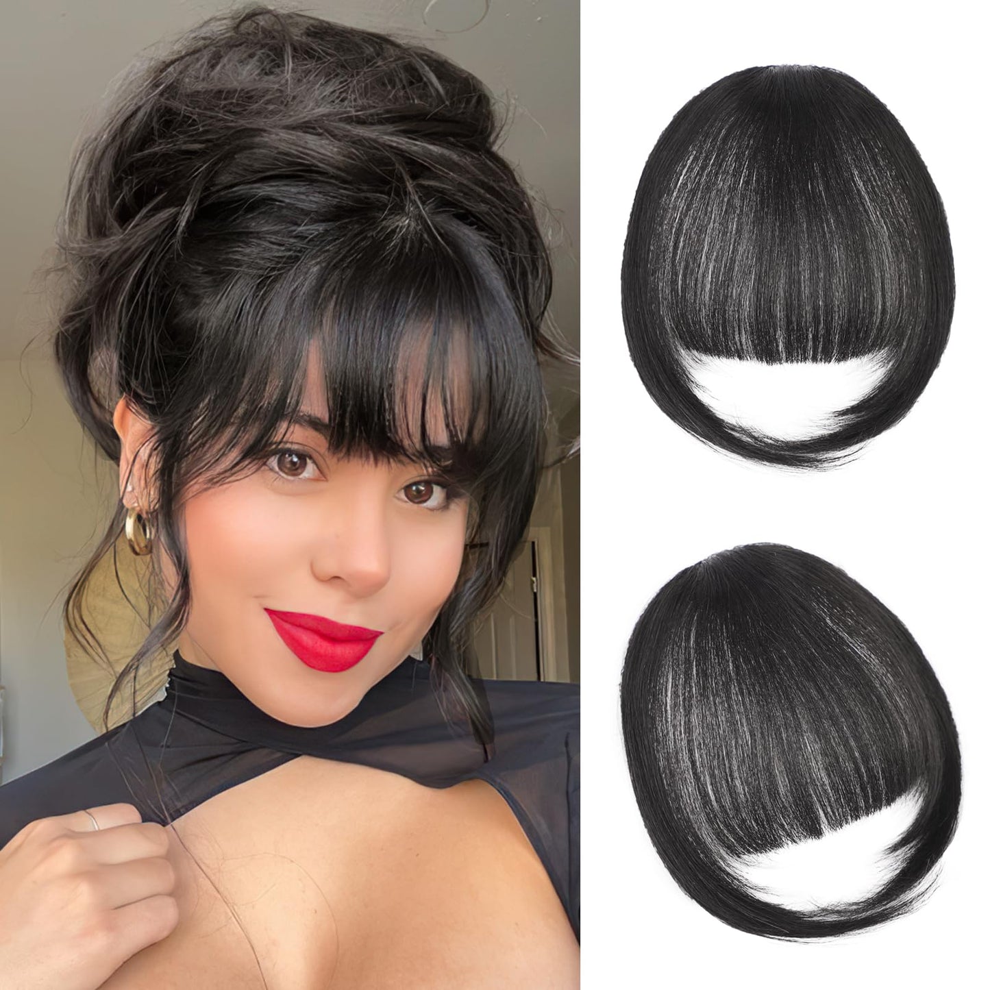 AISI BEAUTY Clip in Bangs-Fake Bangs Hair Clip 100% Real Human Hair Bangs French Bangs Fringe with Temples Flat Neat Fake Thick Hairpieces for Women(Black)