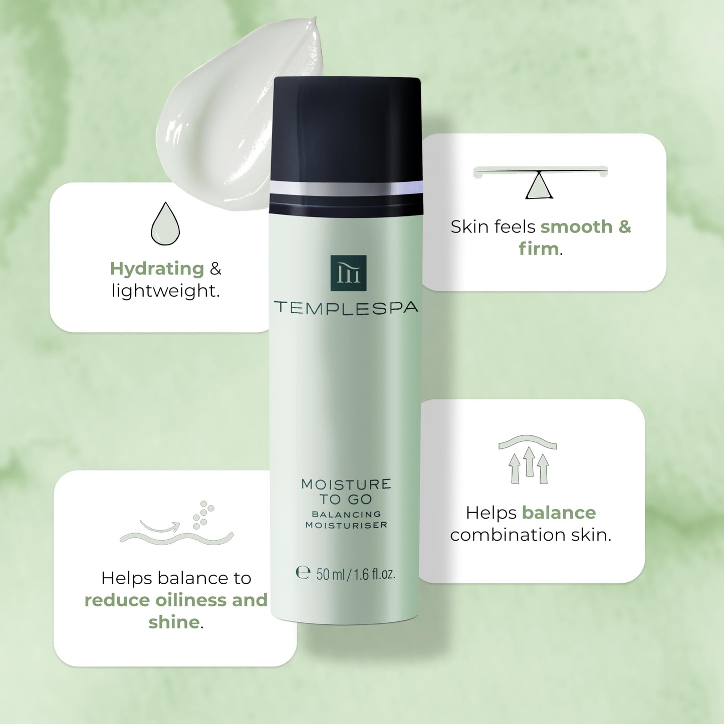 TEMPLESPA | MOISTURE TO GO | Balancing Moisturizer for Combination Skin, Vitamins, Absorbs Excess Oil, Rehydrates Dry Patches, Natural Ingredients, Cruelty-Free, Vegetarian, 1.6 fl.oz.