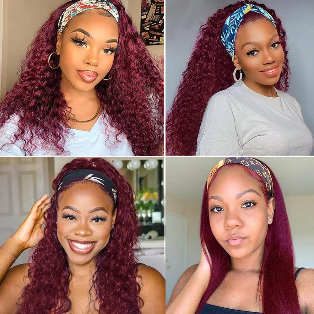 YiweYowe 24 Inch 1B99J Ombre Red Headband Wigs Human Hair Burgundy Deep Wave Headband Wigs 150% Density None Lace Front Two Tone Ombre Human Hair Wigs for Black Women