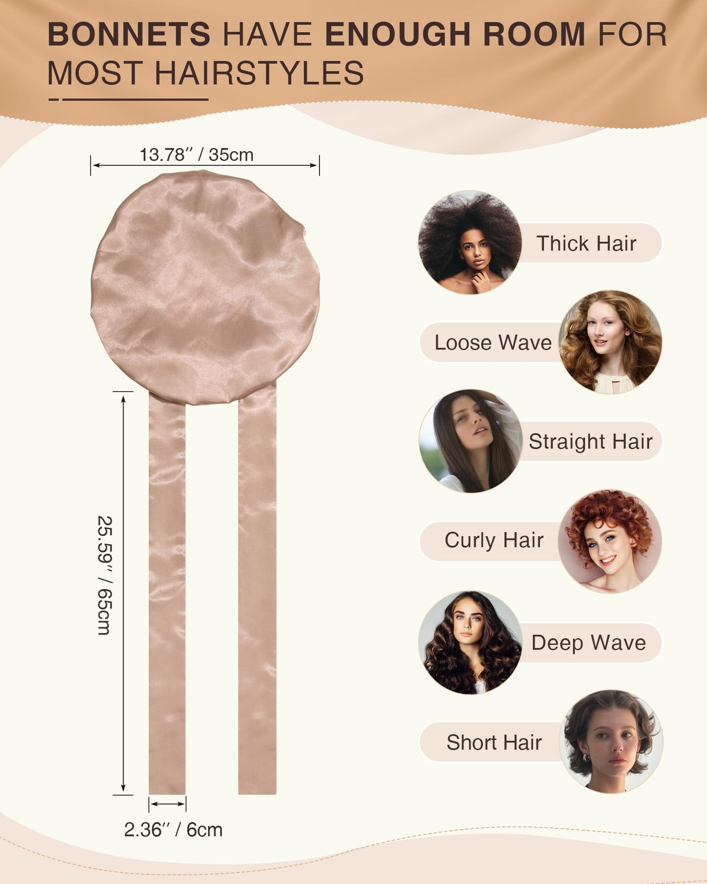 2PCS Satin Bonnet Silk Bonnet for Sleeping Women Curly Hair Bonnet with Tie Band Bonnet Sleep Cap (US, Numeric, 7 7/8, 8, Beige + Champagne)