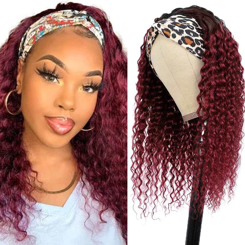 YiweYowe 24 Inch 1B99J Ombre Red Headband Wigs Human Hair Burgundy Deep Wave Headband Wigs 150% Density None Lace Front Two Tone Ombre Human Hair Wigs for Black Women