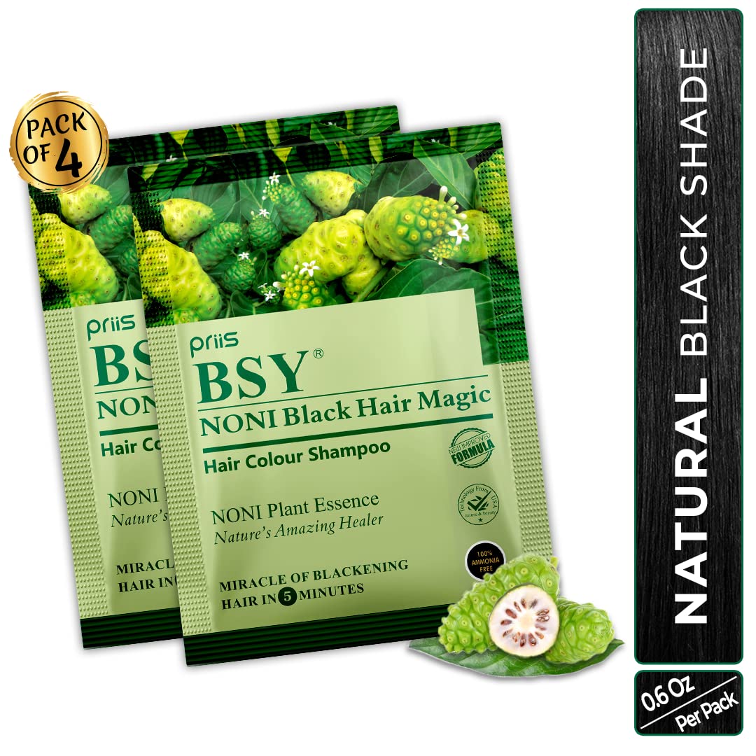 BSY Noni Black Hair Magic Hair Color Shampoo - Ammonia Free, Natural Black Permanent Hair Dye for Men and Women, 4 Sachets (0.67 Fl Oz each), Suitable for Gray Hair