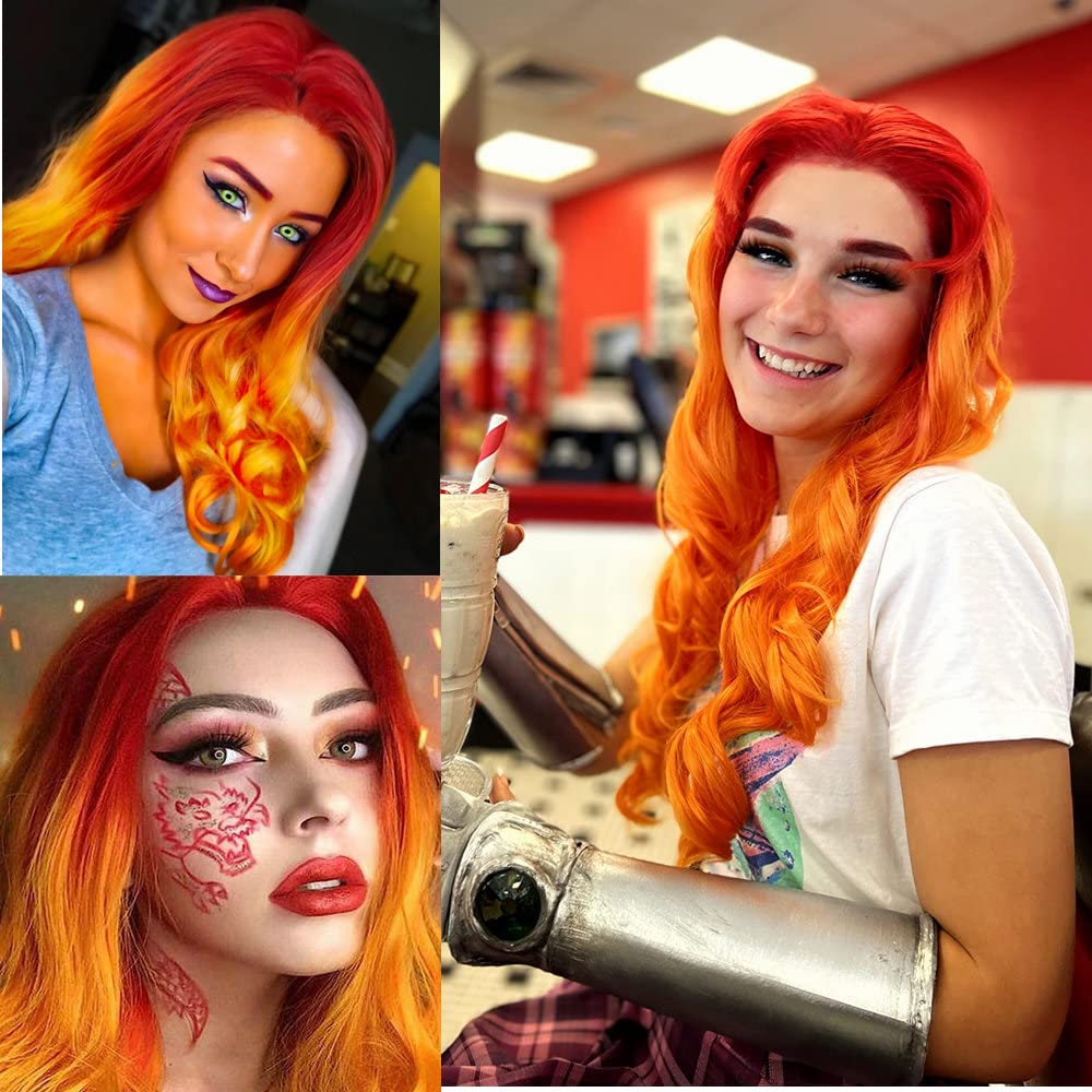Yinuozhogntian 24" Bright Red Orange Ombre Color Wig Heat Resistant Synthetic Lace Front Wigs for Women Flame Red Female Cosplay Party Wigs Drag Queen