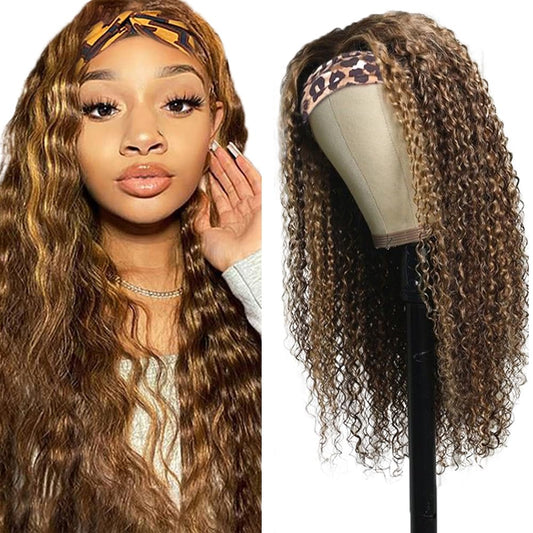 YiweYowe Highlight Dark Brown Headband Wig Human Hair P4/27 Honey Blonde Wig Human Hair Grade 8A None Lace Wig Glueles Brazilian Virgin Hair Water Wave Wig Machine Made Headband Wig 24 Inch