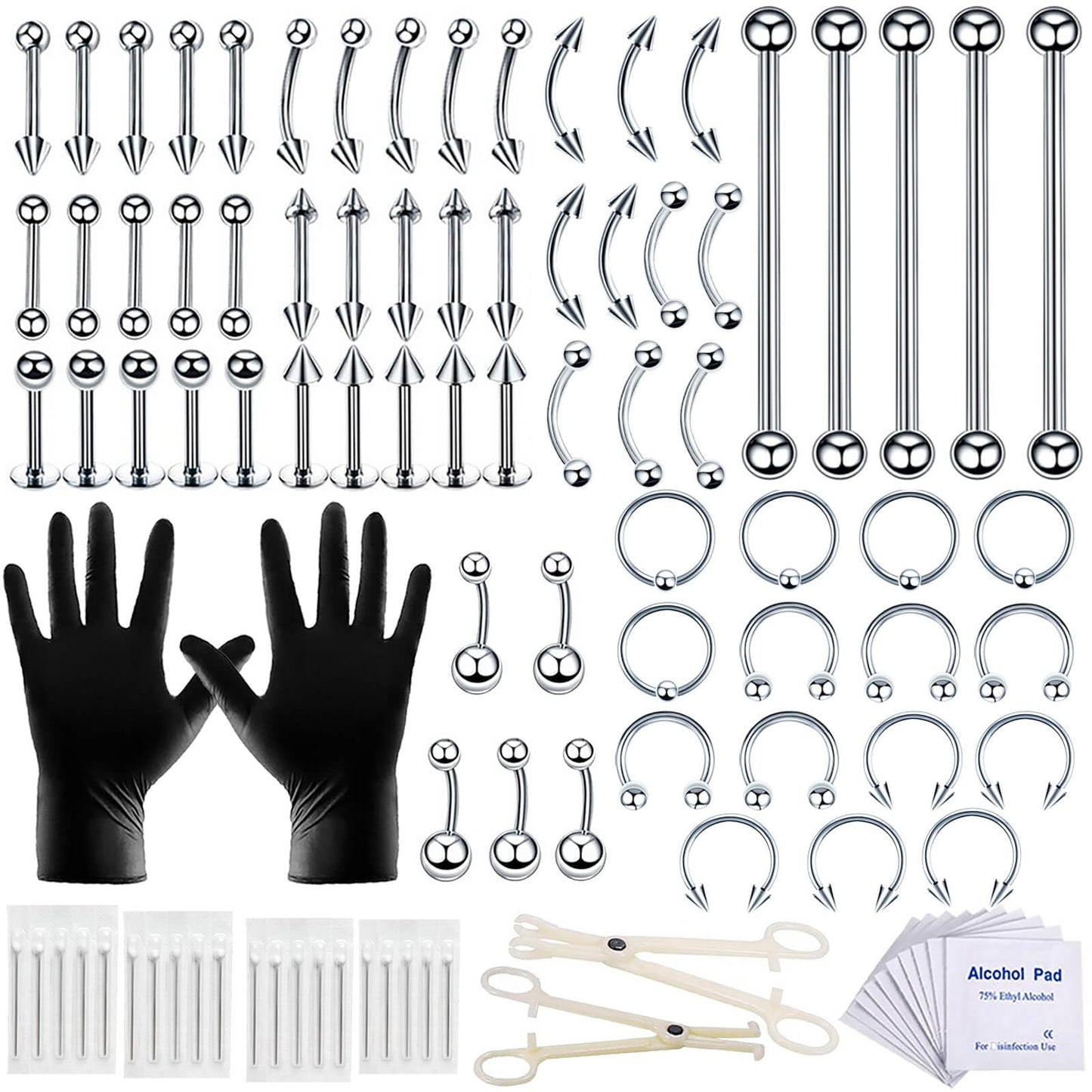 100PCS Piercing Kit 14G 16G Nose Septum Rings Jewelry for Belly Button Tongue Body Tools with 20PCS 12G Needle