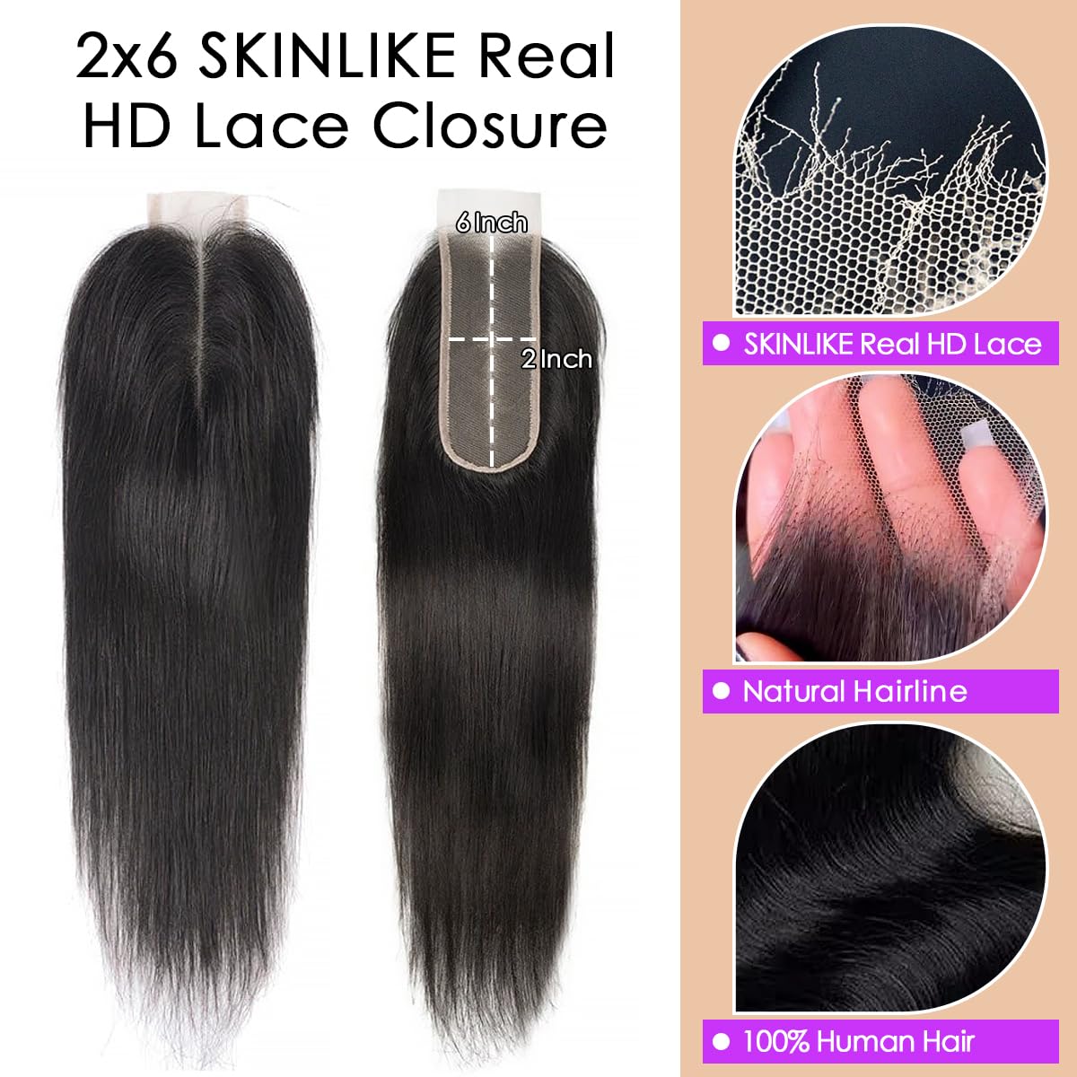 2x6 HD Lace Closure Human Hair Straight SKINLIKE Lace Closure Pre Plucked Bleached Knots 0.10mm Ultra Thin Kim K Closure HD Lace, 20 Inch Natural Black