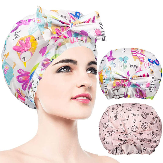 2 PCS Shower Caps, Reusable & Extra Large & Adjustable & Double Layer Waterproof Bow Knot Hair Reusable Cap for Women, Waterproof Outer & EVA Lining, for Shower, Spa, Makeup