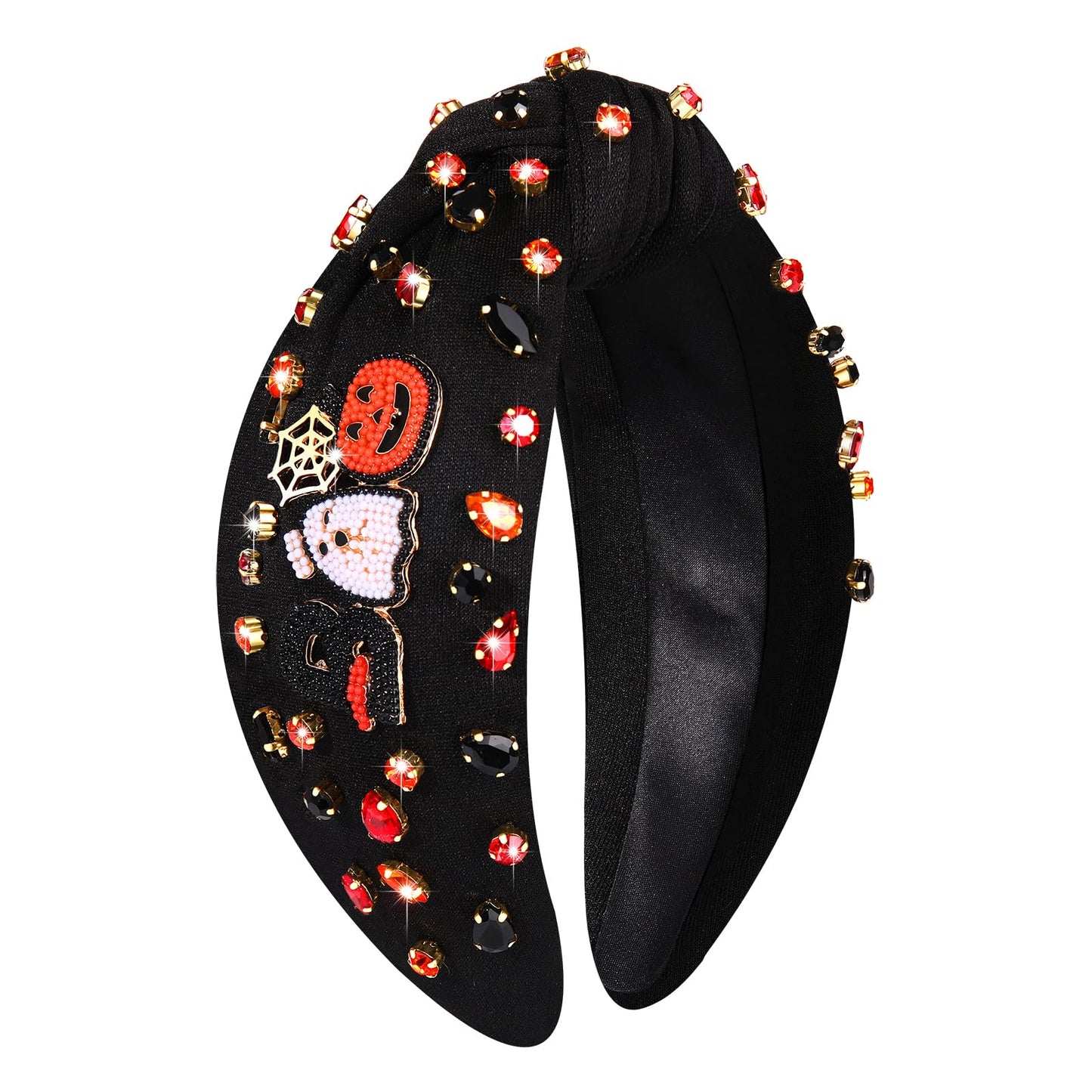 YAHPERN Halloween Headband for Women Spooky Pumpkin Ghost Headband Jeweled Rhinestone Knotted Headband Halloween Accessories