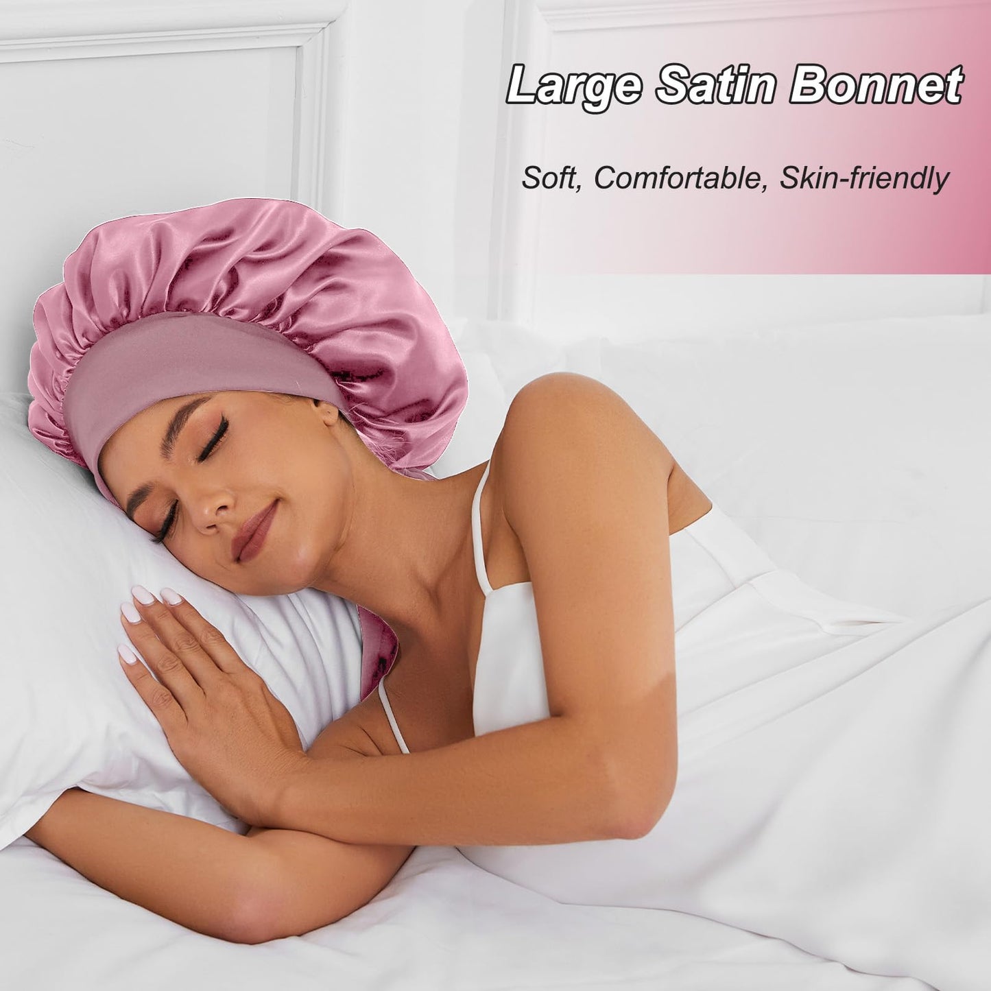 Satin Silk Bonnet Hair Bonnet for Sleeping Jumbo Sleep Cap, Bonnet for Women Curly Hair, Double Layer Bonnet with Tie Band, Shower Cap-Pink