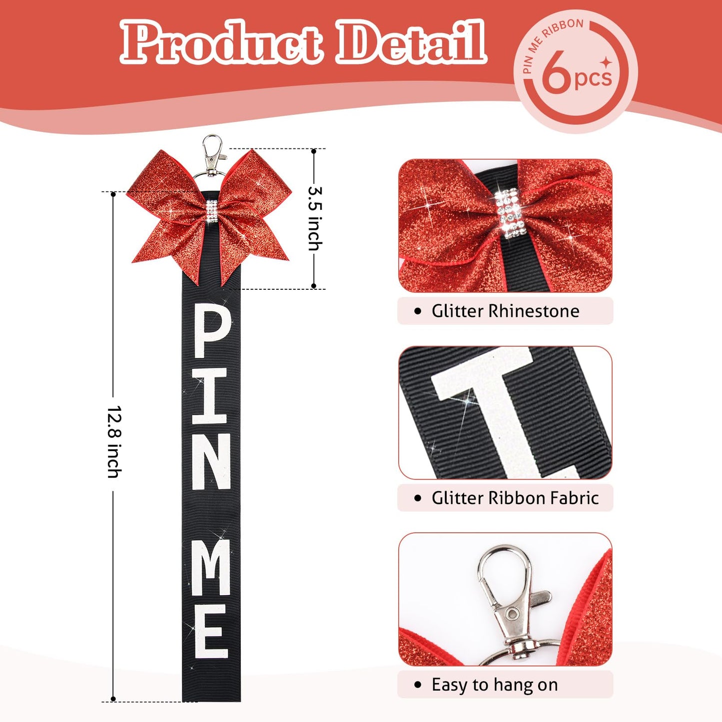 Aileam 6 PCS Cheer Pin Me Ribbon Cheer Bag Bow Keychain with Rhinestones Bow Pin Me Cheer Competition for Teen Girls Cheerleading Sports Accessory(Red Black)