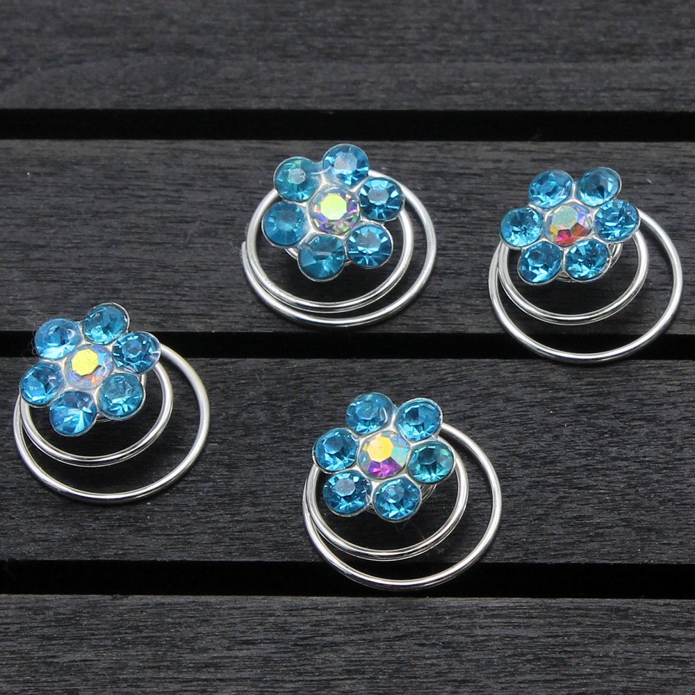 Newstarfactory Rhinestone Studded Collection Flower Spiral Hair Pin Pack of 12 (Sky Blue)