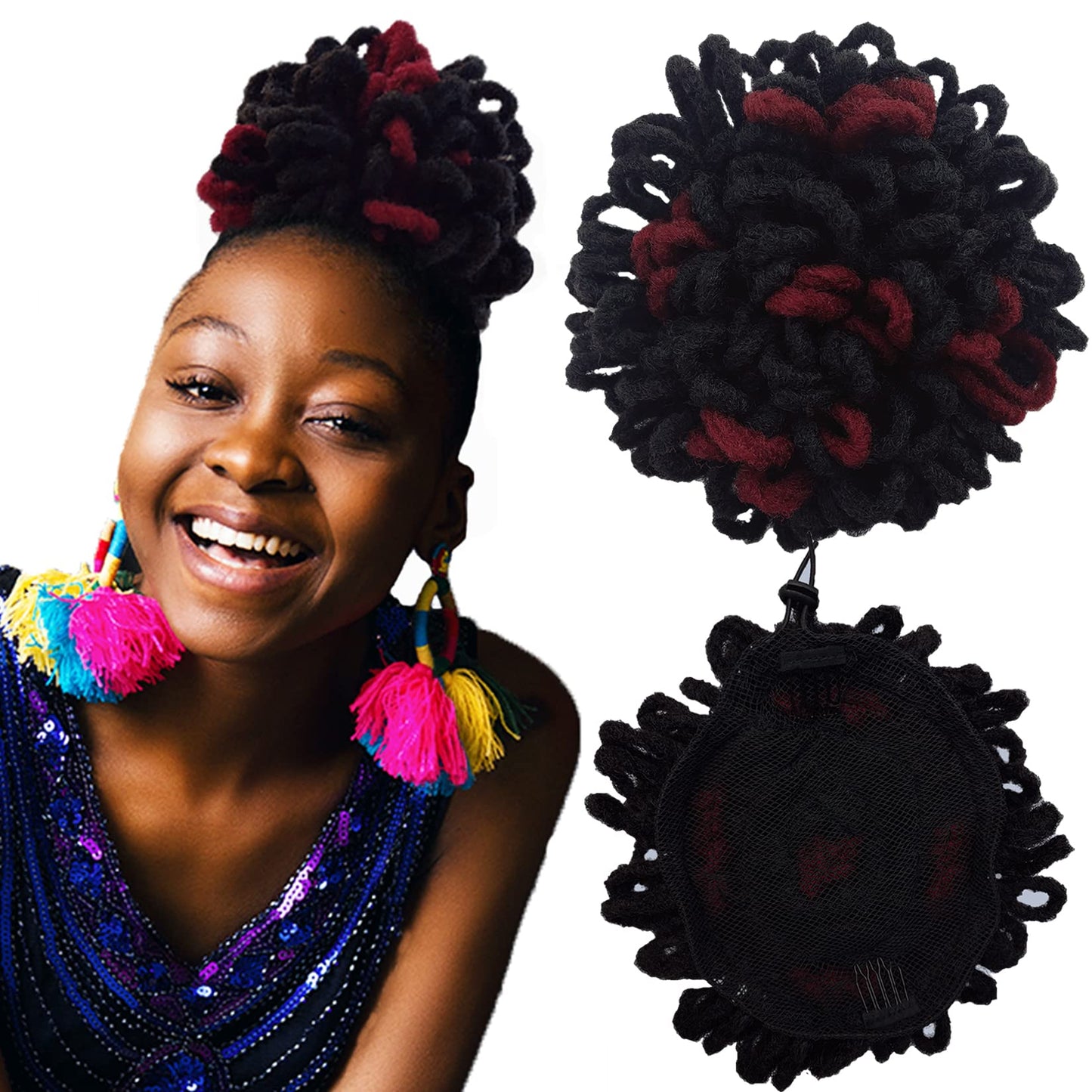 Abellee Loc Buns For Black Women 8Inch Loc Petal Bun Afro High Puff Drawstring Ponytail Faux Locs Hair Bun Pony Tail Hairpieces Clip In Hair Extentions for Black Women (1B/burg)