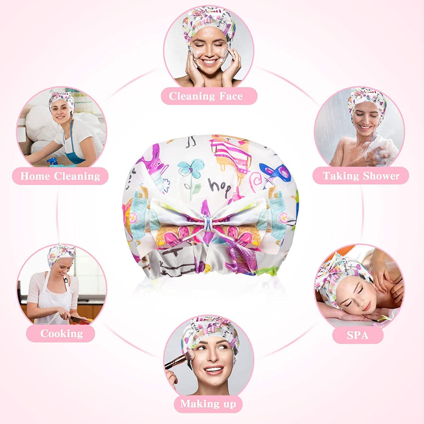 2 PCS Shower Caps, Reusable & Extra Large & Adjustable & Double Layer Waterproof Bow Knot Hair Reusable Cap for Women, Waterproof Outer & EVA Lining, for Shower, Spa, Makeup