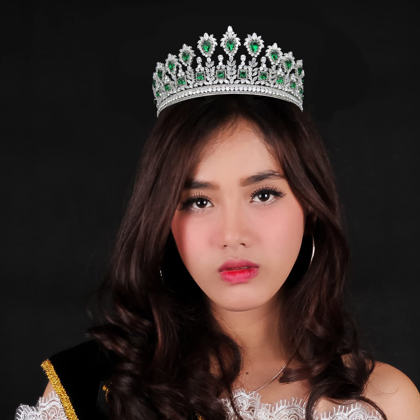 QXMYOO Luxury 5A CZ Wedding Tiaras and Crowns for Women Handmade Cubic Zirconia Large Bridal Headpiece Prom Birthday Queen Hair Accessories Zircon Headwear (Green)