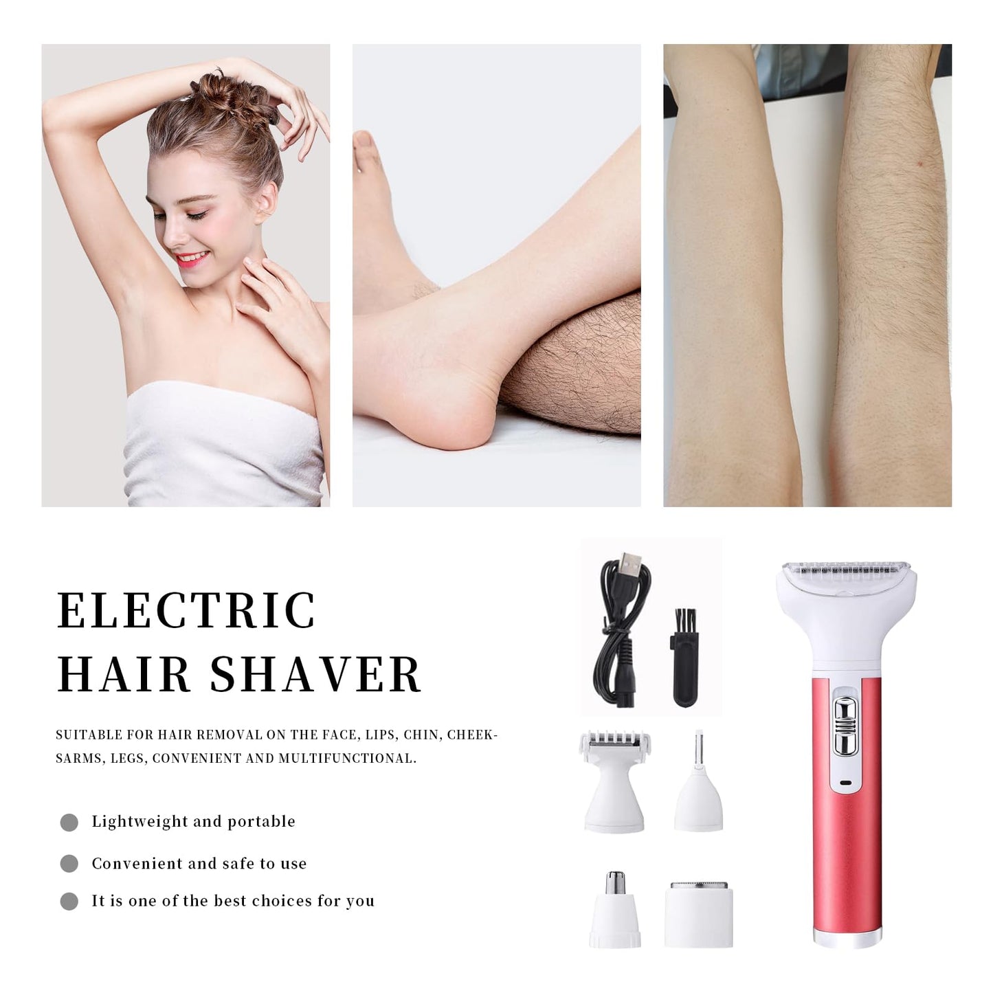 Women's Electric Shaver 5 in 1 Shaver Electric Painless Portable Facial Hair Removal Bikini Area Trimmer Armpit Hair Removal Nose Hair Trimming Dry and Wet