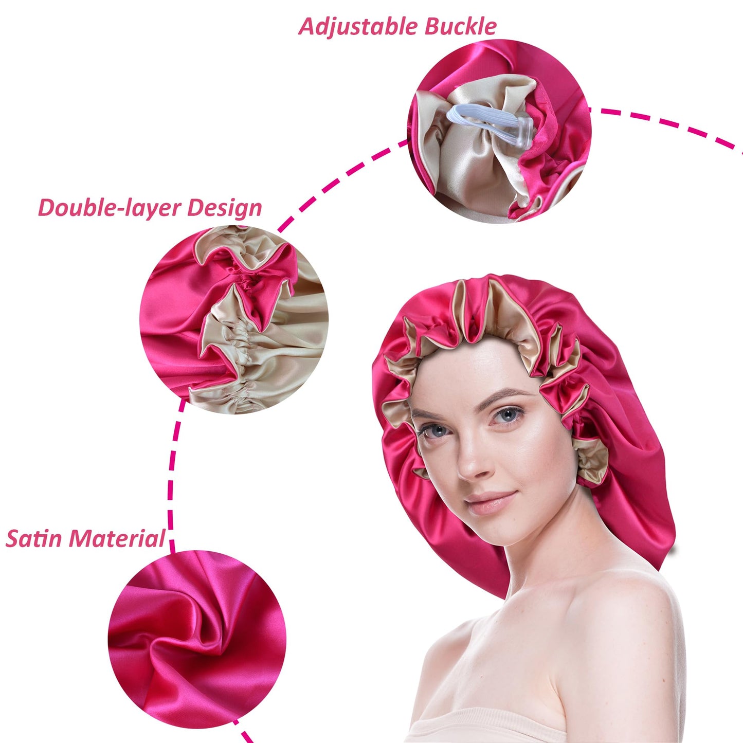 Beutyme Silk Bonnet for Sleeping Satin Bonnets Double Layer Reversible Hair Cap Bonnet for Women Long Curly Braid Hair (Hot Pink)