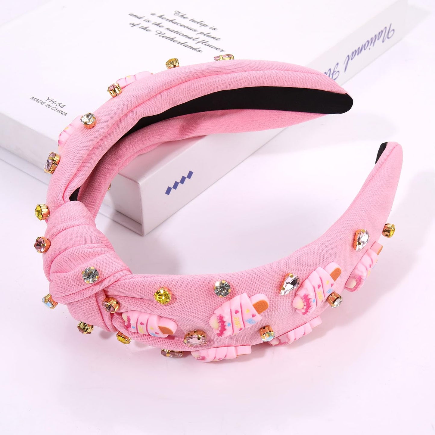 ZOLEAROPY Summer Ice Cream Knotted Headband Sparkle Rhinestone Jeweled Pink Wide Headband Cute Icecream Top Knot Headband Candy Birthday Party Headband