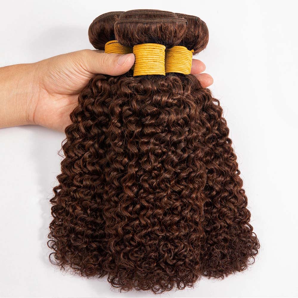 #4 Deep Curly Weave Bundles Human Hair Dark Brown Kinky Curly Bundles Double Weft Brazilian Remy Hair Extensions Wet and Wavy Bundles Silky Soft for Black Women(22 24 26 Inch 3 Bundles)