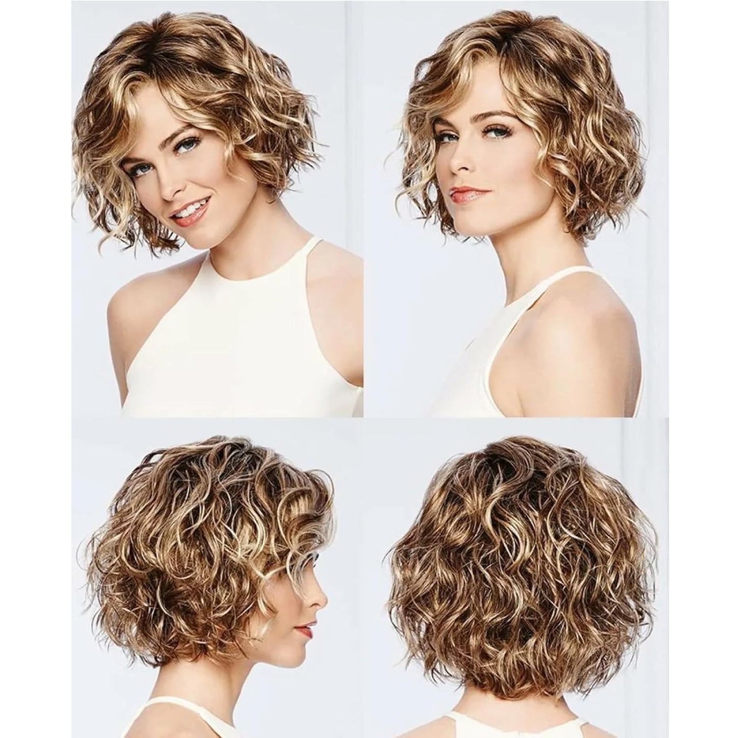 Aisaide Short Highlight Brown Curly Bob Wig Ombre Blonde Wavy Bob Wigs for Women Short Wavy Bob Wig Highlight Brown Layered Hair Wig Natural Synthetic Medium Length Wig for Daily Use