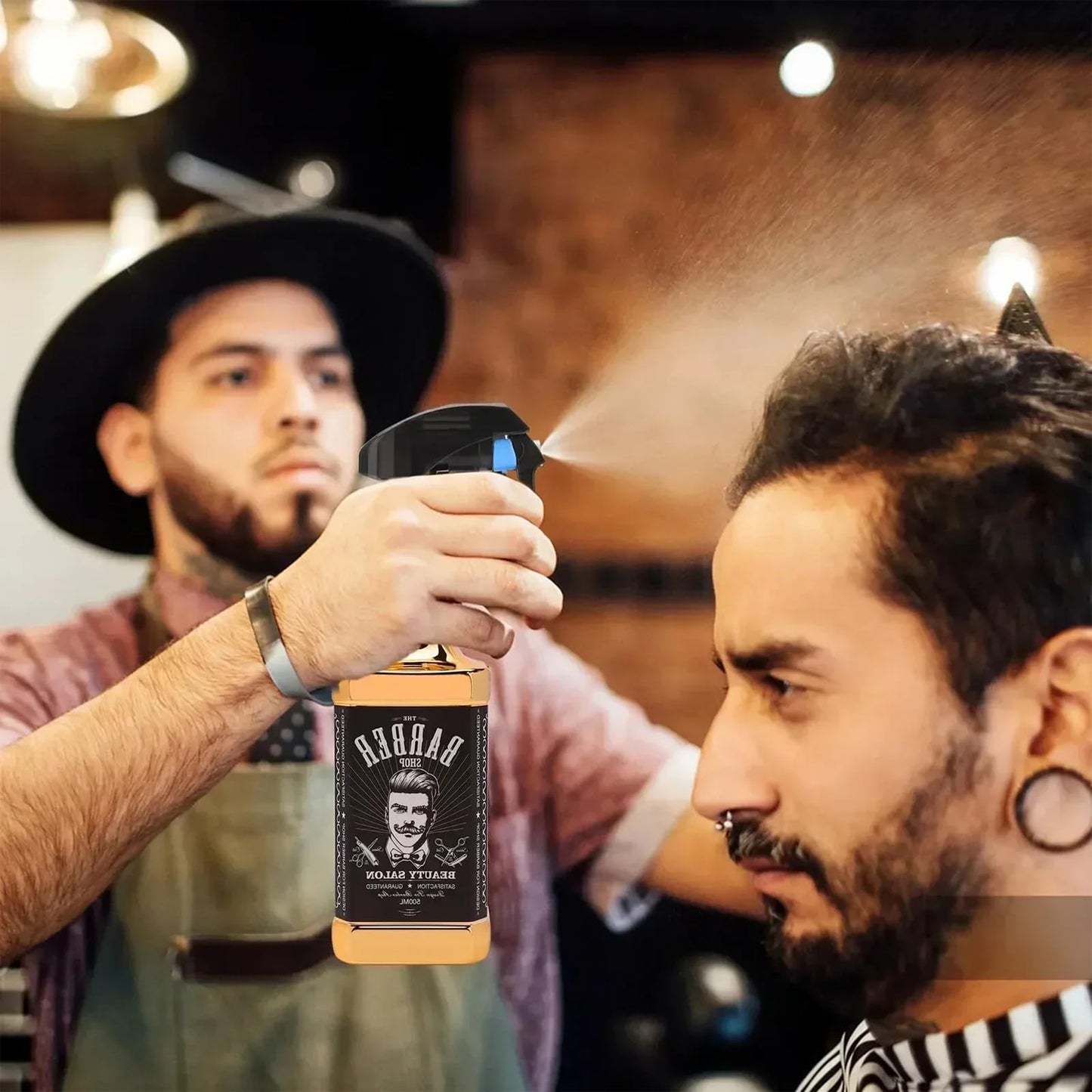 BARBERPLAN Hairdressing Styling Tools Set, 4 Pieces Including Spray Bottle, Barber Brush, Neck Duster, Hair Cutting Comb for Salon and Home Use (Gold)