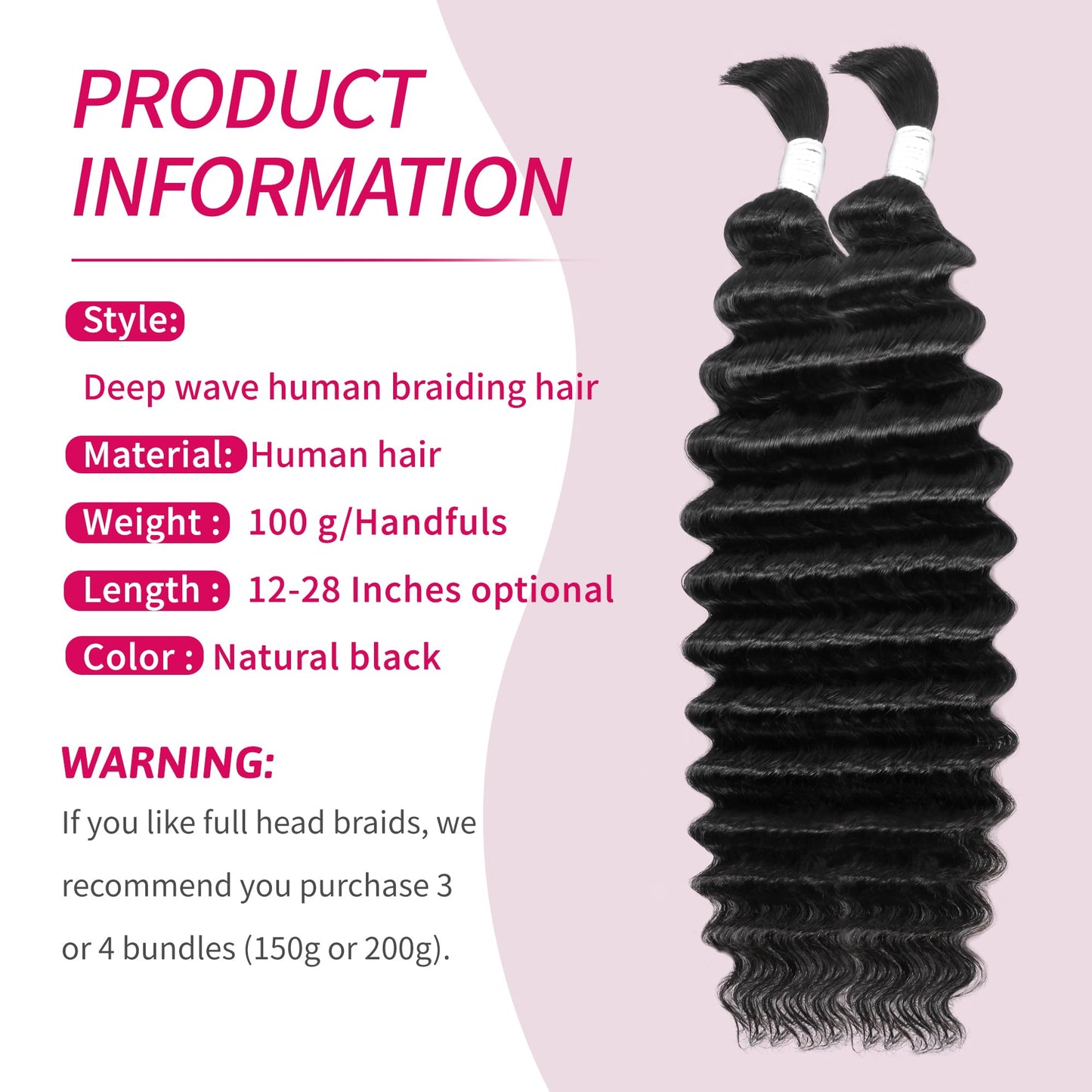 Deep Wave Bulk Human Hair for Braiding 10A Brazilian Curly Human Hair 100 percent Human Hair 2 Bundles No Weft micro Human Braiding Hair for Boho Braids Virgin Hair Extension(Natural Black, 100g 22")