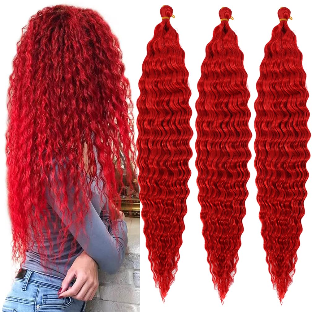 BALINGHAIR Ocean Wave Crochet Hair 30 Inch Deep Wave Braiding Hair 3 Packs Long Curly Crochet Braids Hair Extensions Red