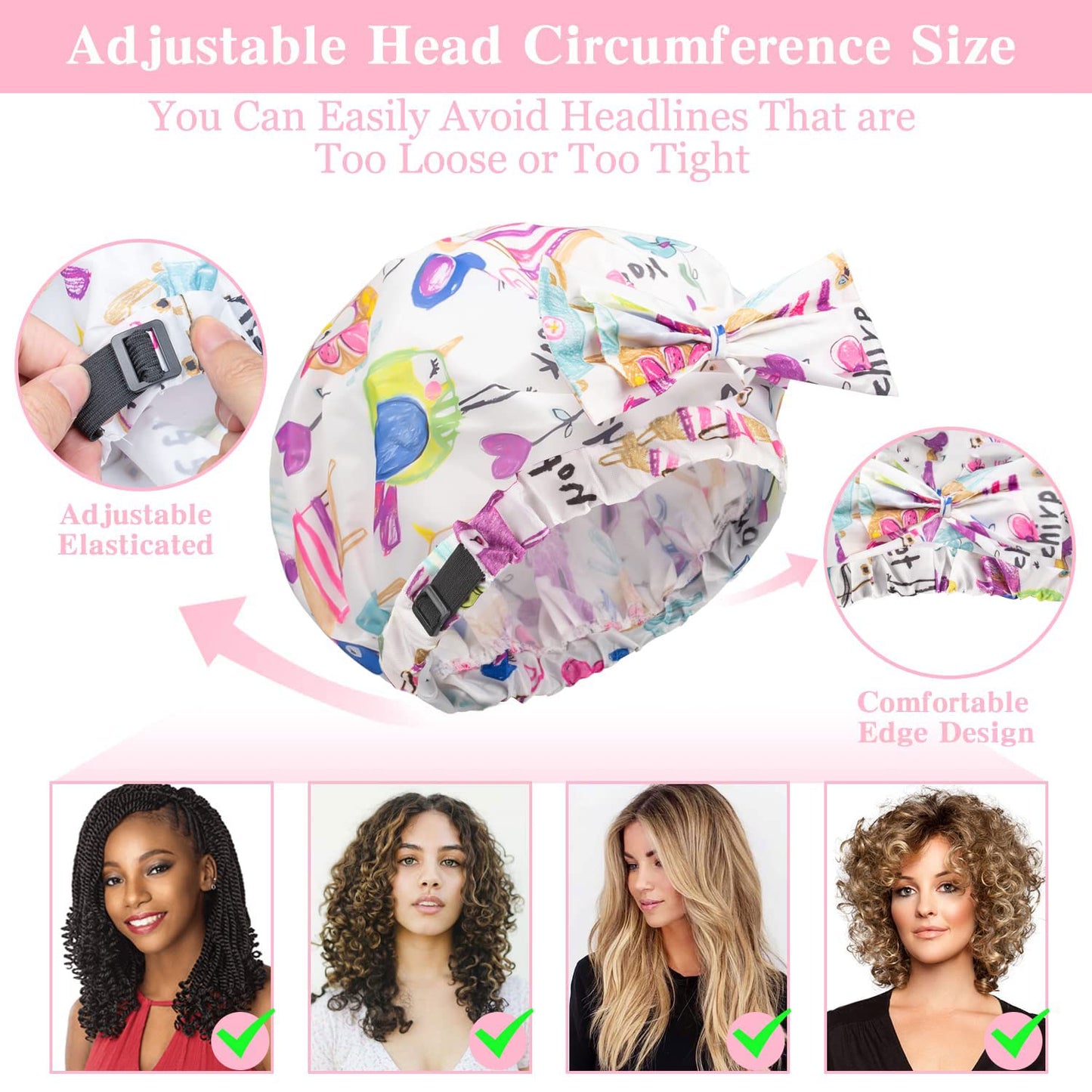 2 PCS Shower Caps, Reusable & Extra Large & Adjustable & Double Layer Waterproof Bow Knot Hair Reusable Cap for Women, Waterproof Outer & EVA Lining, for Shower, Spa, Makeup
