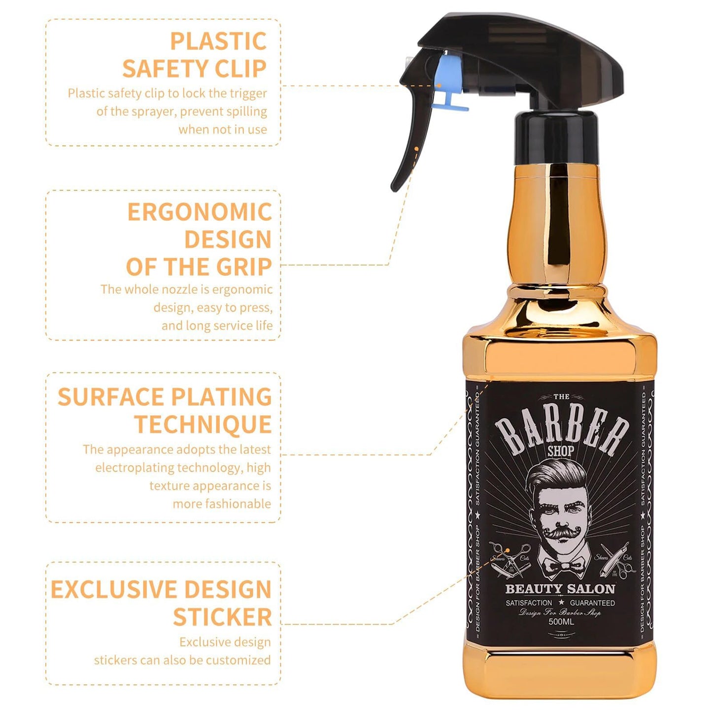 BARBERPLAN Hairdressing Styling Tools Set, 4 Pieces Including Spray Bottle, Barber Brush, Neck Duster, Hair Cutting Comb for Salon and Home Use (Gold)