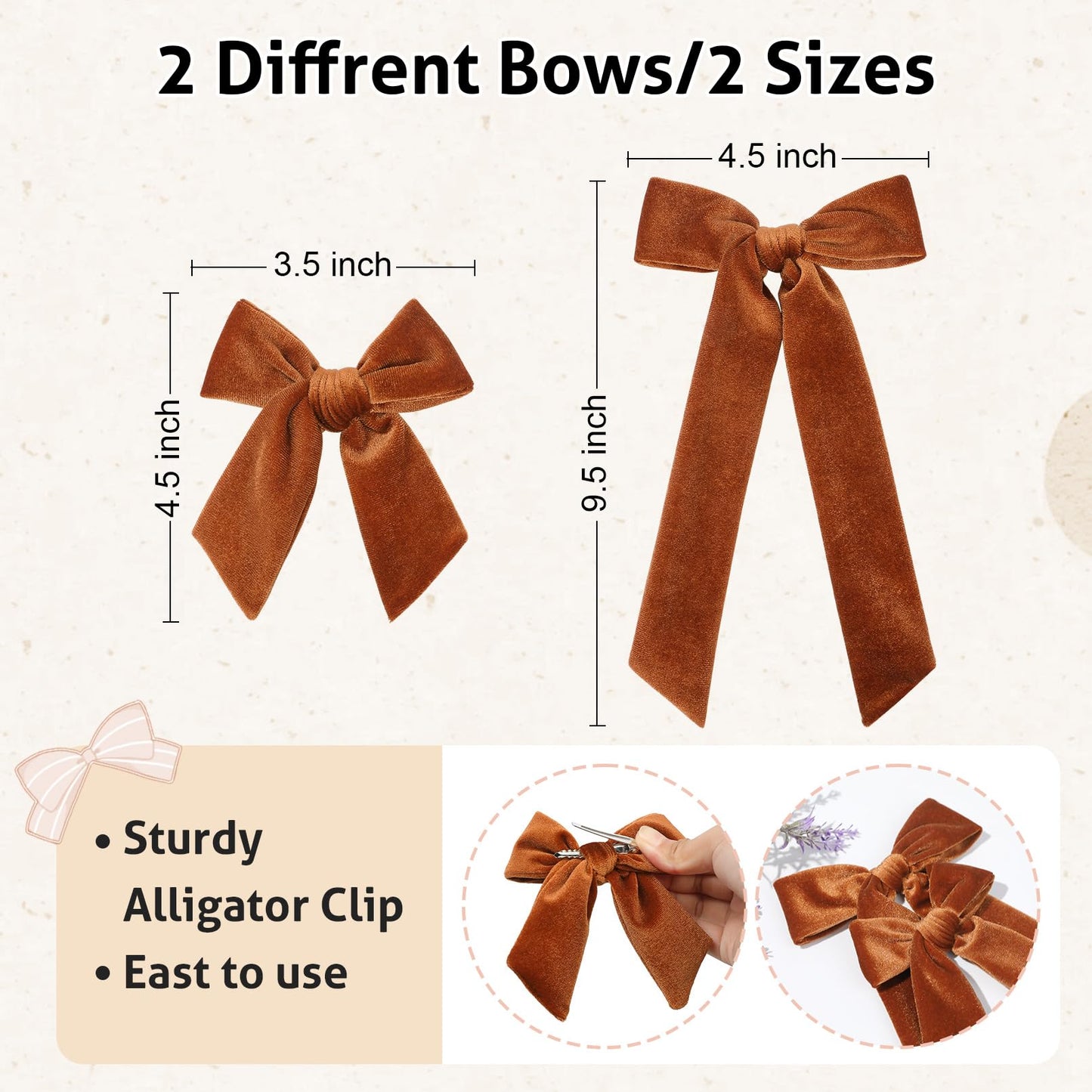 Soft Velvet Hair Bows for Toddler Girls - 2 Sizes (5" & 3.5") Long Ponytail Knot Bows with Alligator Clips - Hair Accessories for Little Kids, Orange & Brown