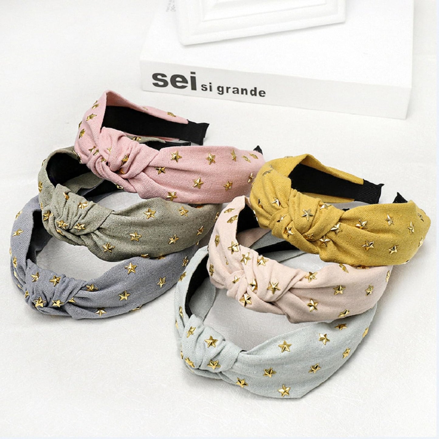 Women Bohemian Ethnic Denim Braided Headband with Hot Stamping Metal Cute Star-Studded Center Twisted Knot Design Hair Band Wide Edge Three-Dimensional Non-Slip Vintage Embellishments Hair Hoop