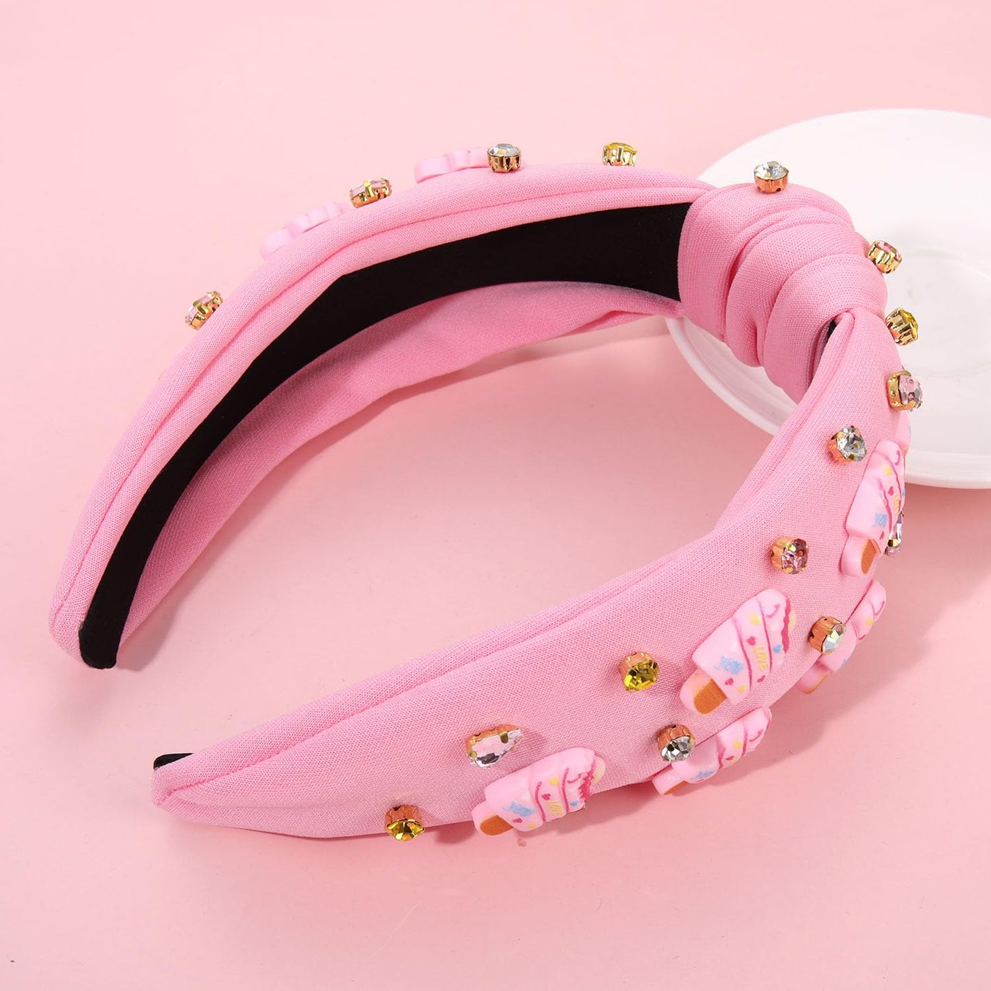 ZOLEAROPY Summer Ice Cream Knotted Headband Sparkle Rhinestone Jeweled Pink Wide Headband Cute Icecream Top Knot Headband Candy Birthday Party Headband