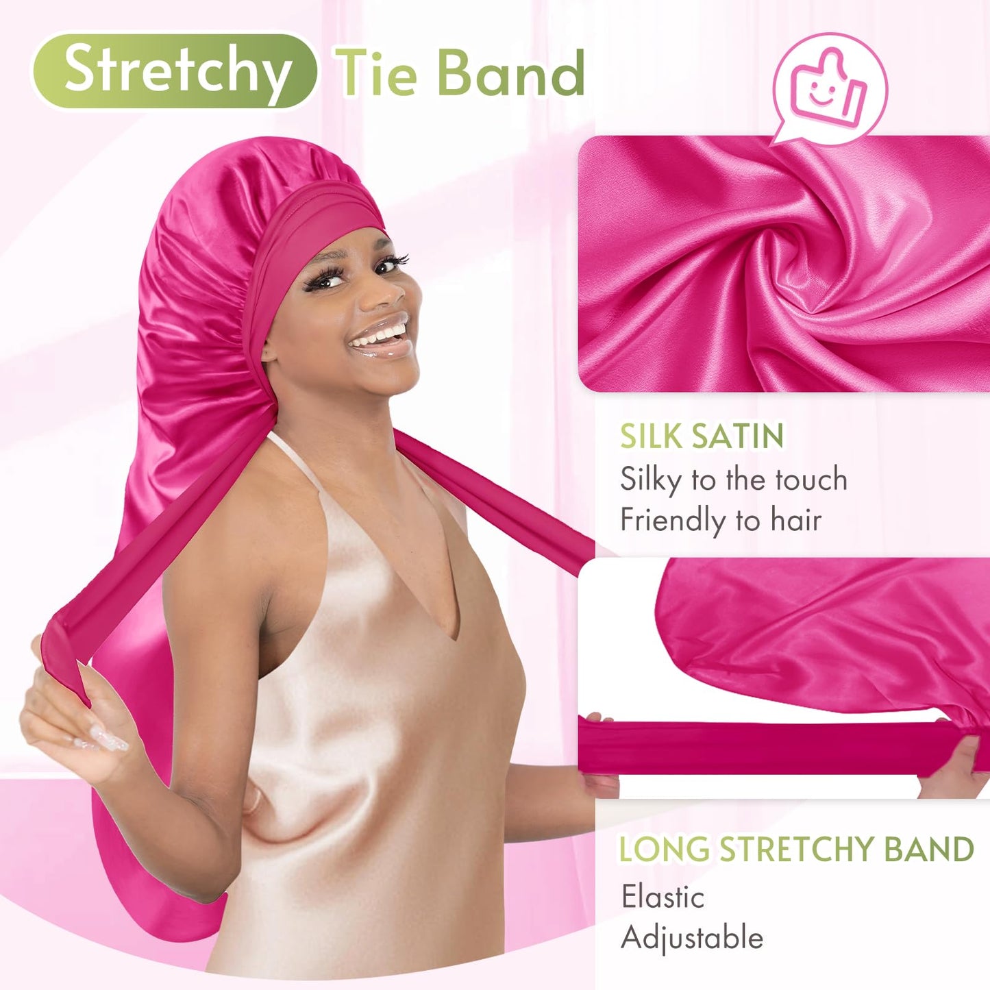 BONNET QUEEN Braid Bonnet Silk Bonnet Foldable Extra Long Bonnet for Braids Satin Bonnet for Sleeping Hair Bonnet with Tie Band Long Sleep Cap Hot Pink