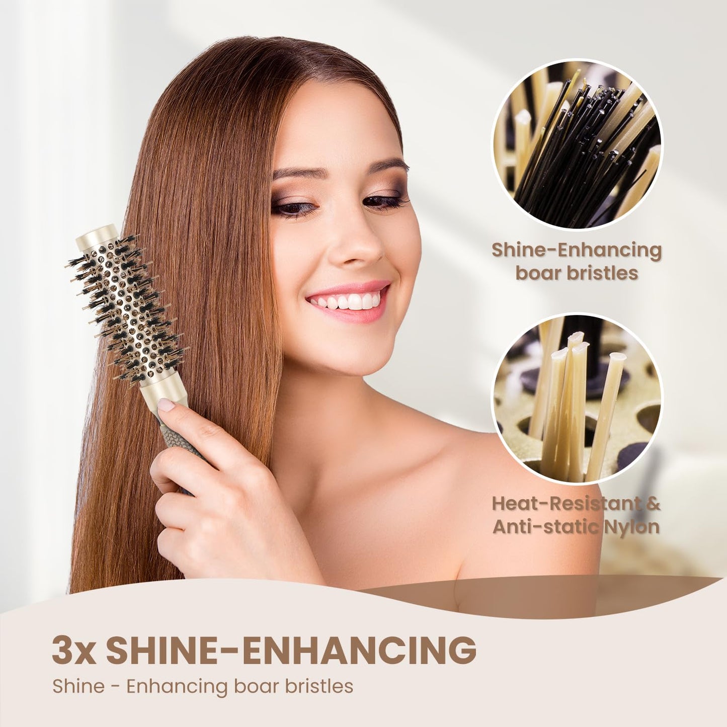 AIMIKE Round Hair Brush, 1 inch Barrel with Boar Bristles, Nano Thermal Ceramic & Ionic Tech, for Blow Drying, Styling, Curling and Shine + 4 Clips (Gold, Unisex, Fine Hair, Short Hair, Anti-Frizz)