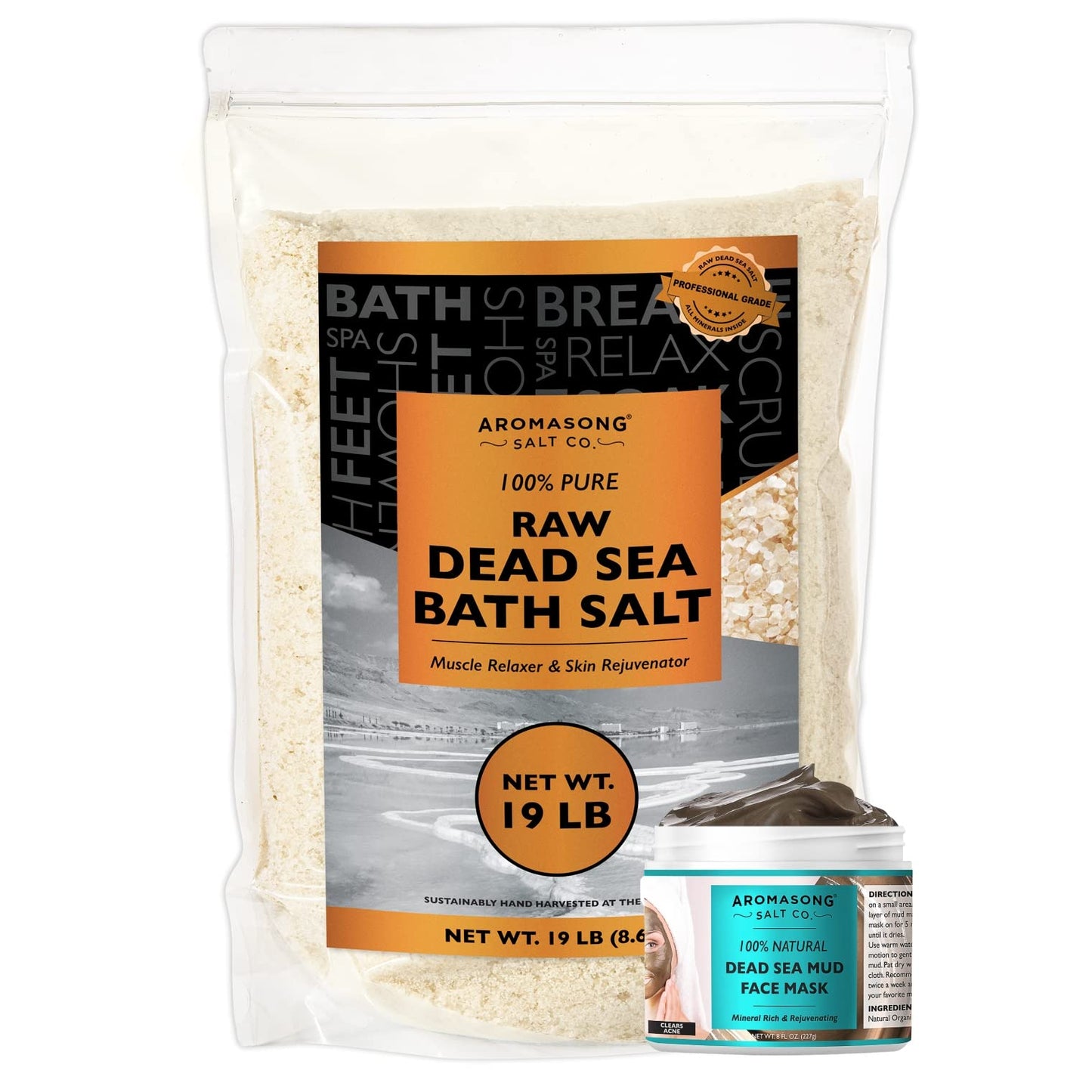 20 lbs Raw Dead Sea Bath Salt in Resealable Pack with 100% Pure Dead Sea Mud Facial Mask - 5 Minute Mask - No Ingredients Added