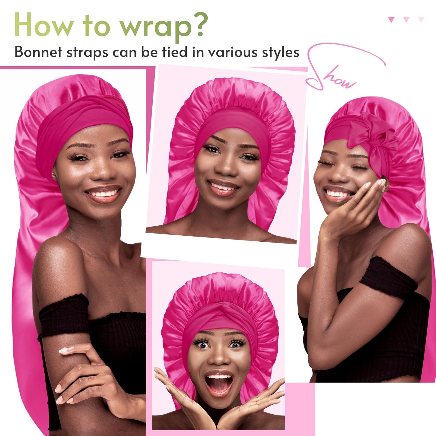 BONNET QUEEN Braid Bonnet Silk Bonnet Foldable Extra Long Bonnet for Braids Satin Bonnet for Sleeping Hair Bonnet with Tie Band Long Sleep Cap Hot Pink