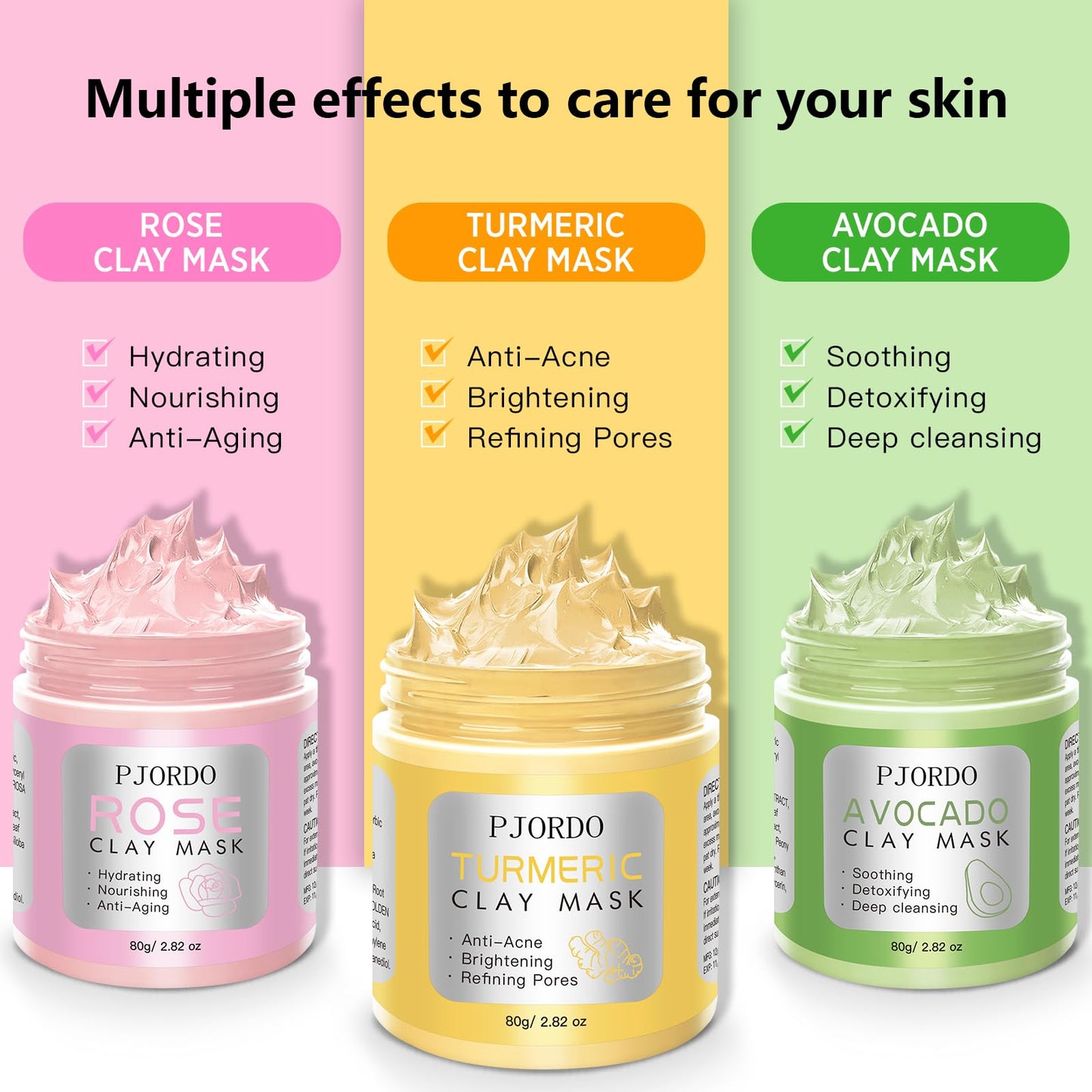 Pjordo Clay Mask Kit, Turmeric Vitamin C Clay Mask, Avocado Clay Mask, Rose Clay Mask, Facial Mask Skin Care Set for Deep Cleansing Reduce Blackheads Dark Spots, 2.82 Oz Each