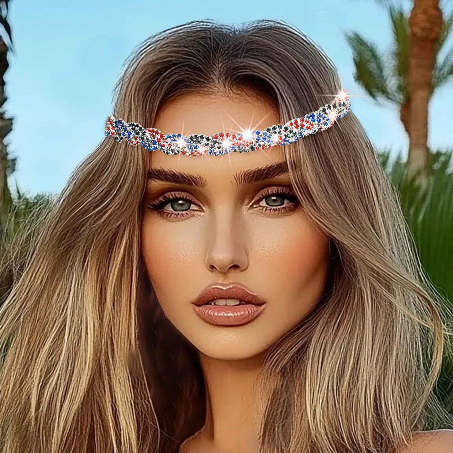 Zeelina Rhinestone Elastic Headband Crystal Head Chain Sparkly Headpieces for Women (Colorful3, Standard)