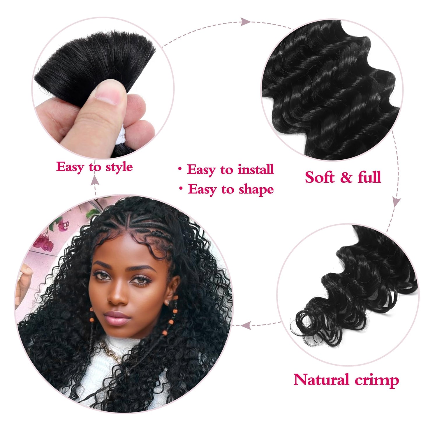 Deep Wave Bulk Human Hair for Braiding 10A Brazilian Curly Human Hair 100 percent Human Hair 2 Bundles No Weft micro Human Braiding Hair for Boho Braids Virgin Hair Extension(Natural Black, 100g 22")