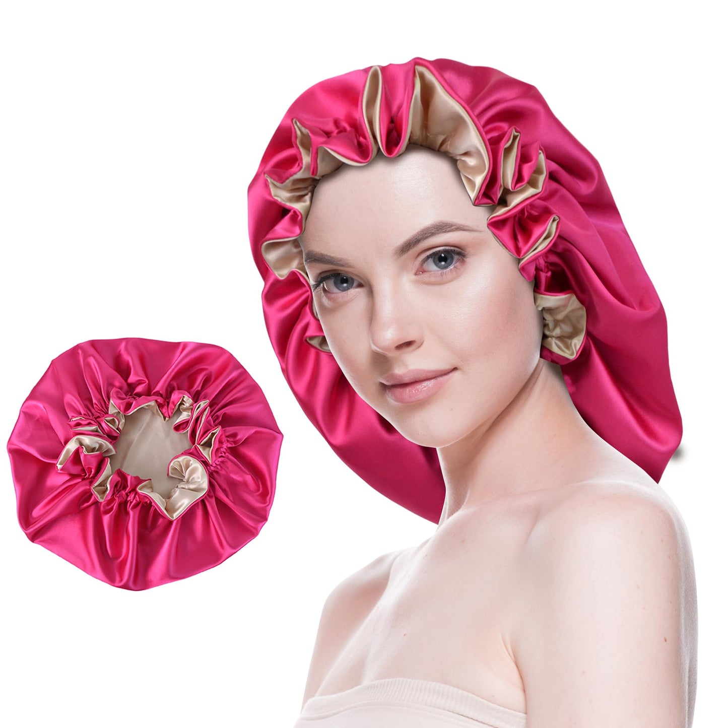 Beutyme Silk Bonnet for Sleeping Satin Bonnets Double Layer Reversible Hair Cap Bonnet for Women Long Curly Braid Hair (Hot Pink)