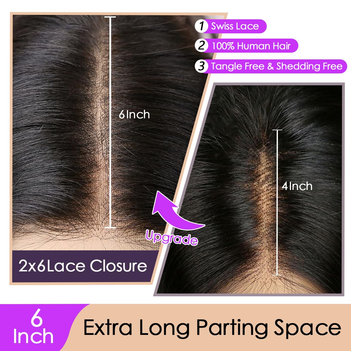 2x6 HD Lace Closure Human Hair Straight SKINLIKE Lace Closure Pre Plucked Bleached Knots 0.10mm Ultra Thin Kim K Closure HD Lace, 20 Inch Natural Black