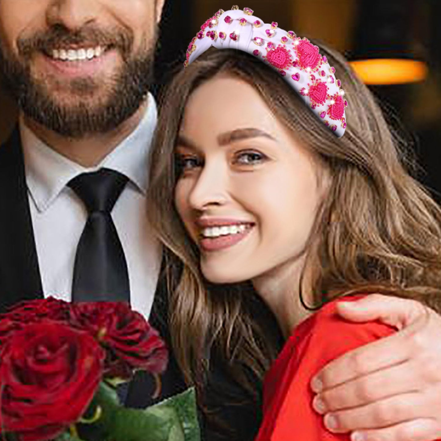 PHALIN Valentine's Day Headband for Women Beaded Heart Knotted Headband Embellished Crystal XOXO Headband Valentine's Day Hair Accessories Gifts (Style E)