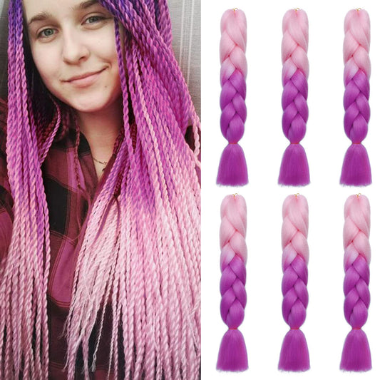 Benehair Ombre Braiding Hair 6 Bundles/lot 24inch Jumbo Braiding Hair Extensions High Temperature Synthetic Braid Hair Braiding Hair Pre Stretched Braid Extensions (Light Pink+Purplish Red)