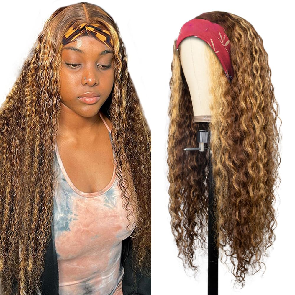 YiweYowe 28 Inch P4/27 Highlight Headband Wig Human Hair Deep Wave Brown Wig Human Hair Glueless Brazilian Virgin Hair Machine Made Wig 150% Density None Lace Front Wig Honey Blonde Colored