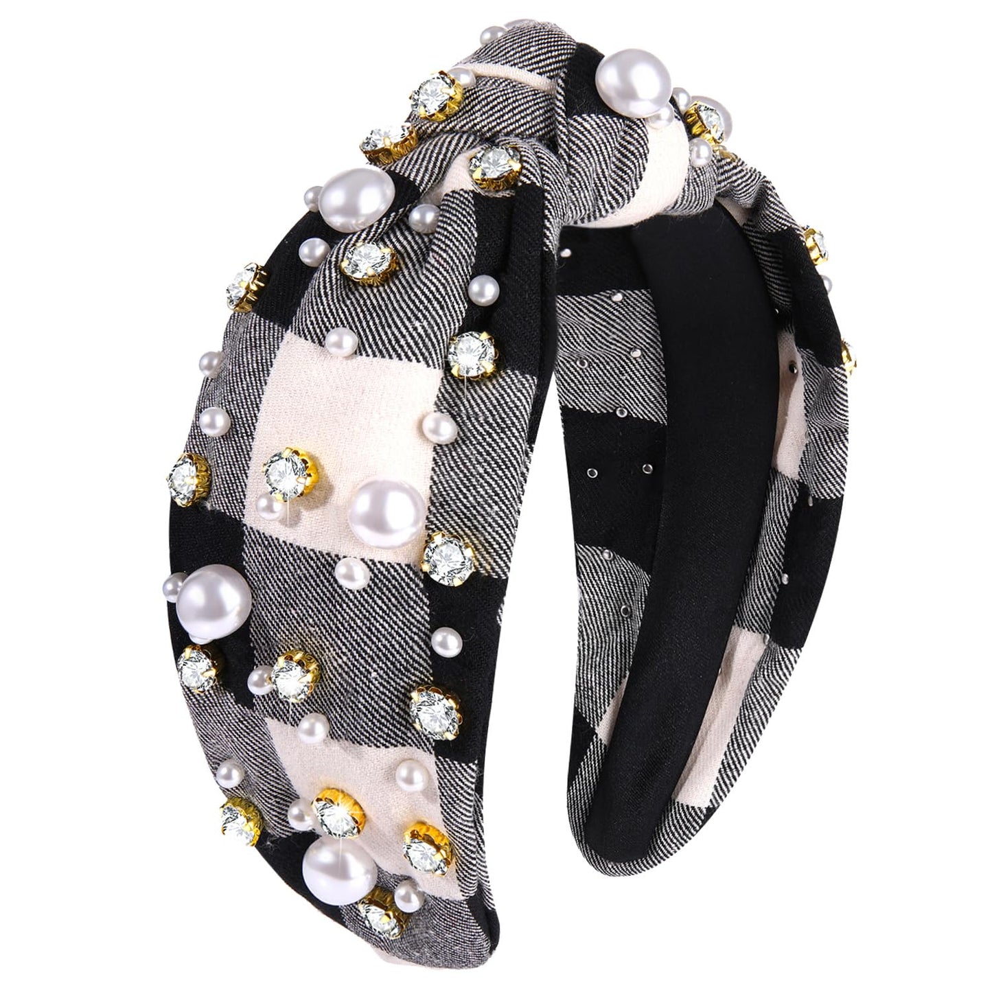 Women's Xmas Embellished Plaid Knotted Headband with Rhinestones, Crystals and Pearls - Holiday Outfit Accessory Gift (White Black)