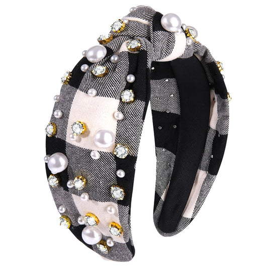 Women's Xmas Embellished Plaid Knotted Headband with Rhinestones, Crystals and Pearls - Holiday Outfit Accessory Gift (White Black)